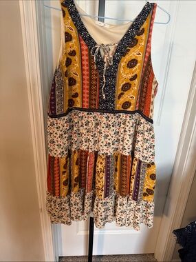 Boho Patchwork Tiered Sundress in Yellow Multi